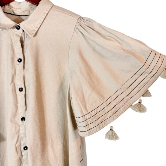 Anthropologie Maeve Collared Linen Blend  Button-Front Tassel Mini Dress Small - Picture 6 of 9